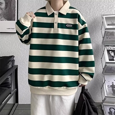 网络图现货潮牌横条纹男春秋宽松翻领Polo衫套头卫衣J697-P32，男装Polo衫，星座715-7
