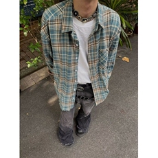 蓝色格子衬衫男美式复古格纹长袖衬衣痞帅休闲外套C2250，男装衬衫，星座1116A（原606A-3）