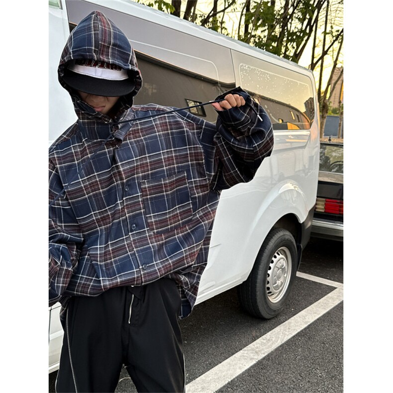 XZ1005-1-TTH0063-批60--高街潮牌撞色连帽设计感长袖格子衬衫,男装衬衫,星座1005-1