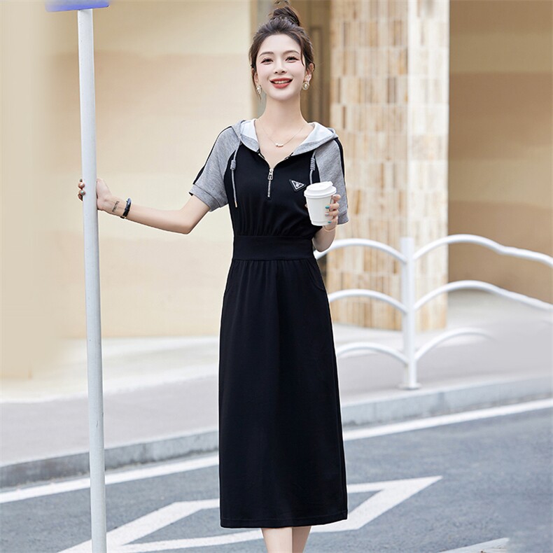 休闲时尚运动风卫衣连衣裙女2025夏季新款小个子连帽收腰气质长裙,女装连衣裙,琦鑫阁（原依鑫阁）
