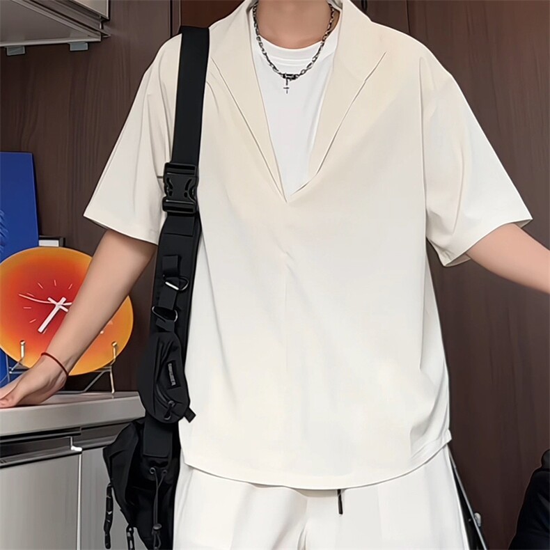 C5052/P35夏季新款假两件V领polo衬衫男大码宽松老钱风T恤上衣潮,男装T恤,电商A141