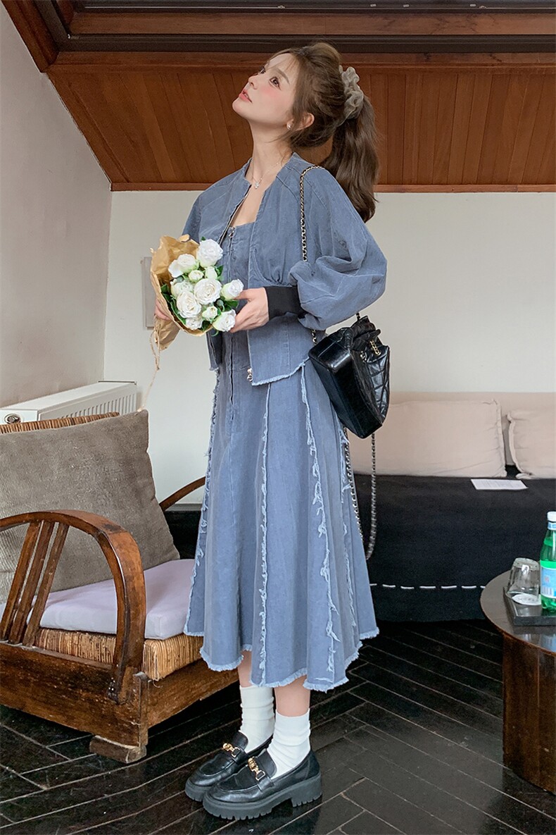 设计感阔褶磨毛牛仔裙时髦套装女2025秋季新款甜美宽松外套两件套,女装套装/套裙,2C212