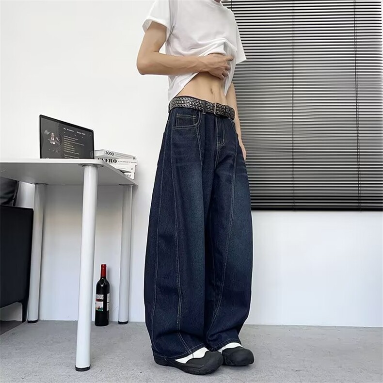 美式复古字母刺绣弯刀牛仔裤男女款夏季宽松休闲潮牌解构阔腿长裤图片