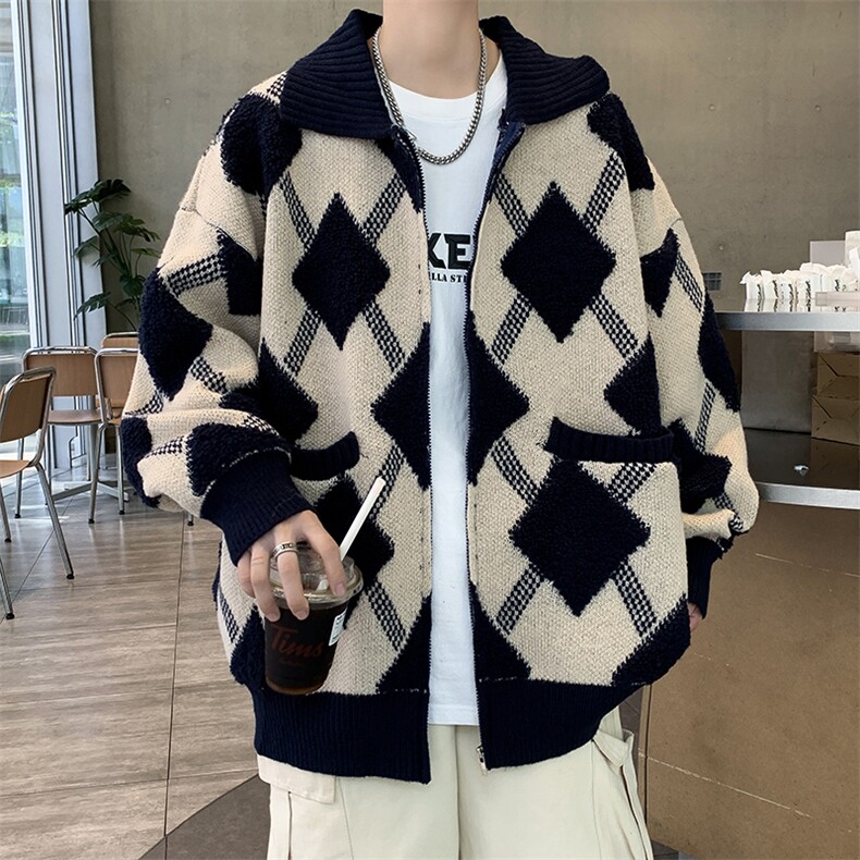 秋款男拉链开衫毛衣菱形条纹拼色针织衫外套M5632P70,男装针织衫/毛衣,星座1013-1
