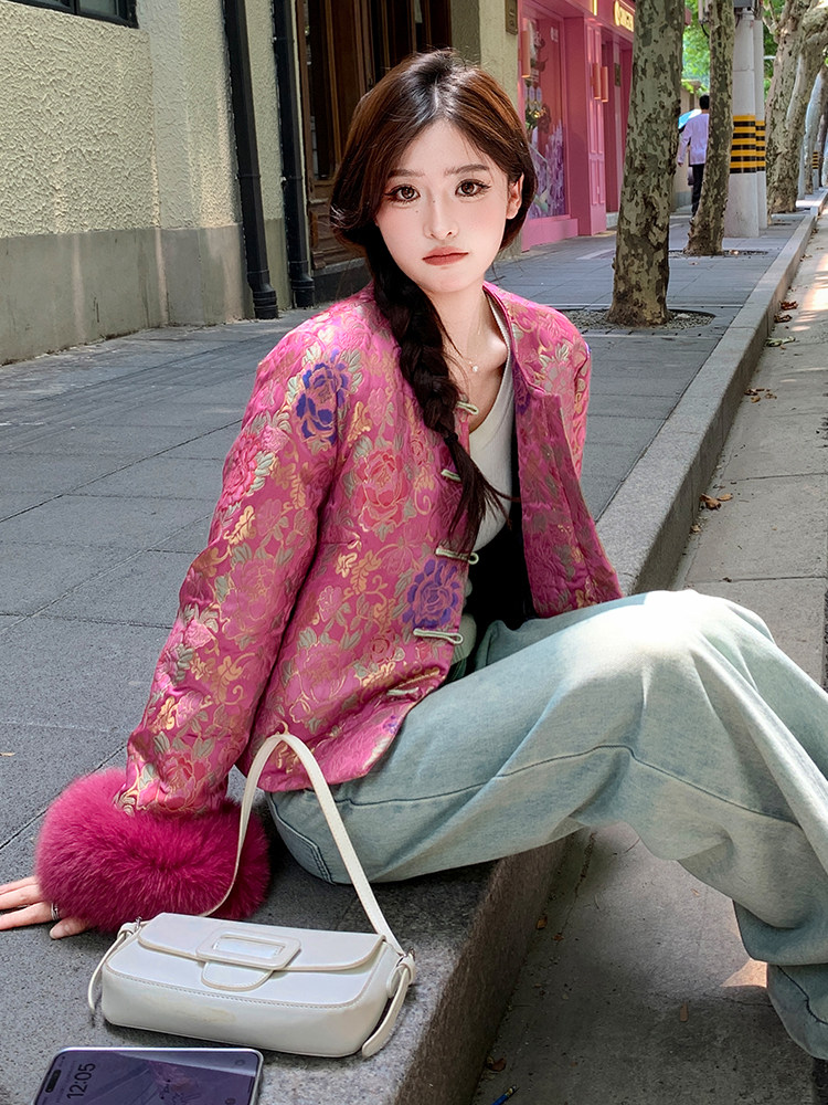 现货！2700A新中式提花圆领短款羽绒外套女配袖口狐狸毛条,女装羽绒服,衣秀之家