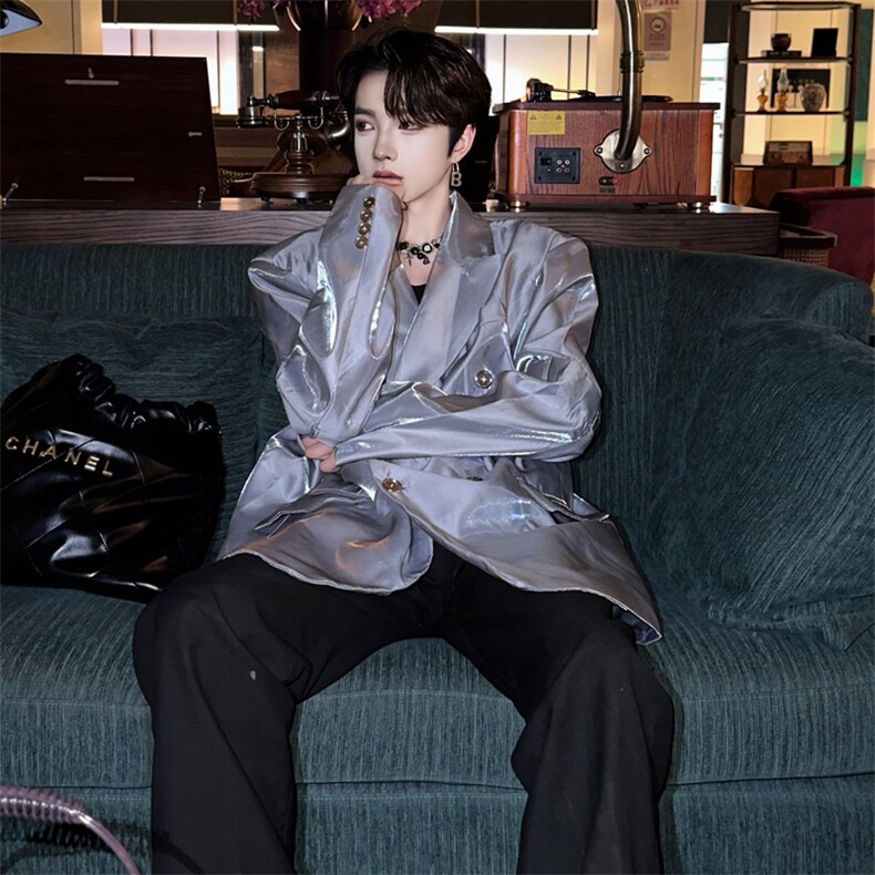 （自家图）小众设计液态流光拼接皮带扣西装外套男1502-P98,男装西服套装,星座910-5