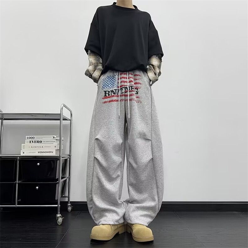 原宿新款ins美式复古褶子宽松高腰长裤 女生穿也好看情侣日潮潮流图片