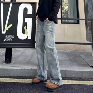 美式复古猫须冰蓝色微喇显瘦牛仔裤男宽松直筒百搭休闲裤NZY690,上宽下瘦穿搭图片