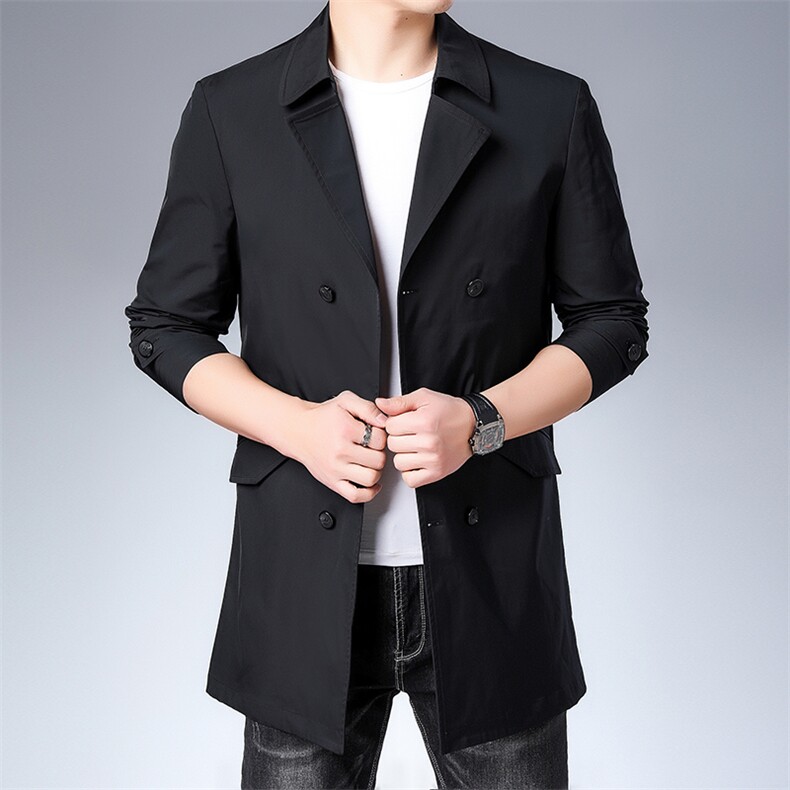 春装新款男士风衣中长款双排扣休闲商务中青年纯色西服领外套男装图片