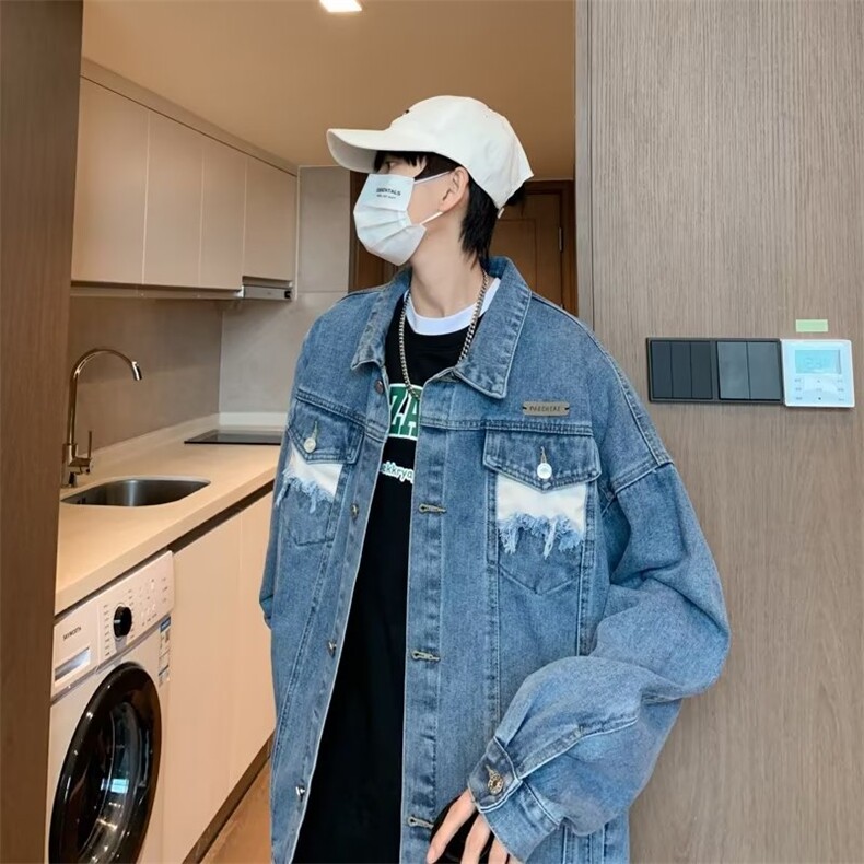 牛仔外套男韩版潮流破洞2023春秋新款ins宽松百搭外套W4564-P68，男装大码男装，星座412-2