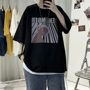 原507-1 T10男士休闲宽松港风印花T恤衫男圆领半截袖TEE五分袖T恤图片