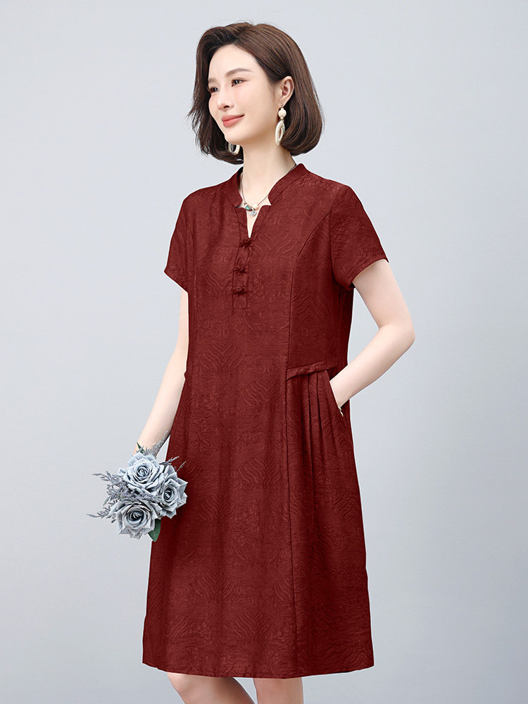中年妈妈天丝短袖高端连衣裙女夏时尚大码宽松巨好看洋气提花裙子,女装连衣裙,雪樱依海