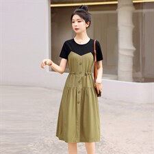 法式复古拼接假两件连衣裙女2024新款夏季宽松显瘦气质减龄吊带裙，女装连衣裙，江南富贵女