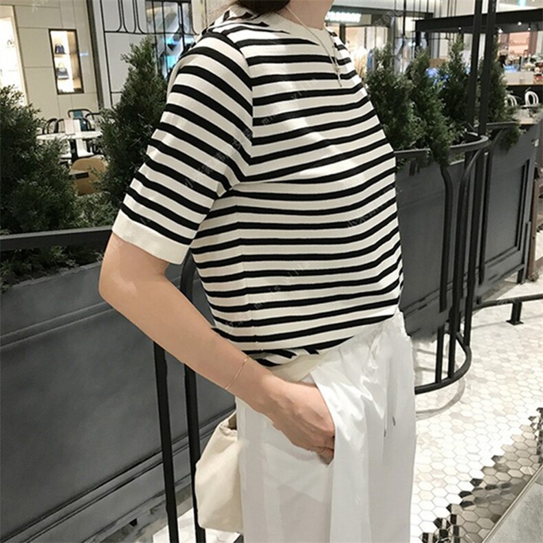 2025年秋季常规款通勤单件短袖套头圆领条纹时尚百搭，女装针织衫/毛衣，途瑞羊绒