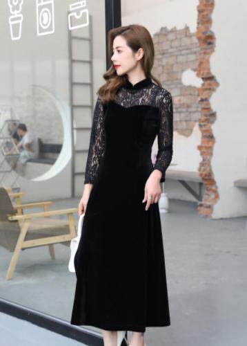 秋季丝绒修身连衣裙，女装连衣裙，蓝芝衣秀