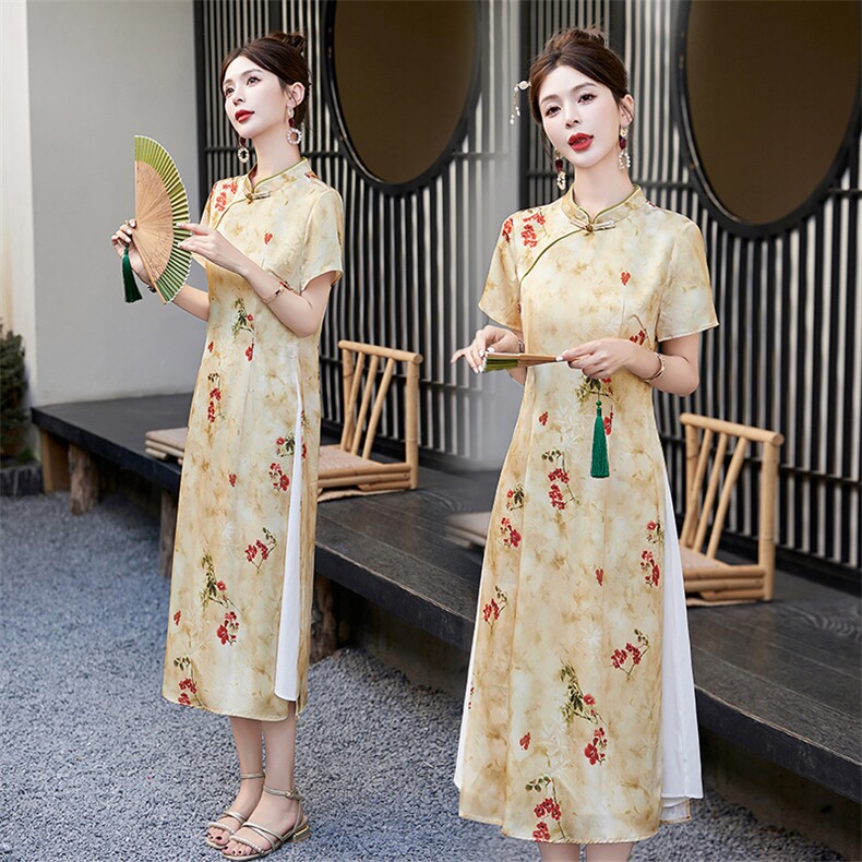 新中式印花垂感连衣裙女2026夏季新款修身气质贵夫人改良旗袍裙子,女装连衣裙,倪叶myz