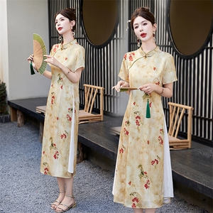 新中式印花垂感连衣裙女2026夏季新款修身气质贵夫人改良旗袍裙子图片