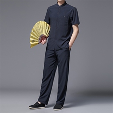 2023年唐装男士夏季短袖中年衣服风套装透气爸爸装衬衫，男装休闲套装，电商B212（原钱塘6029）