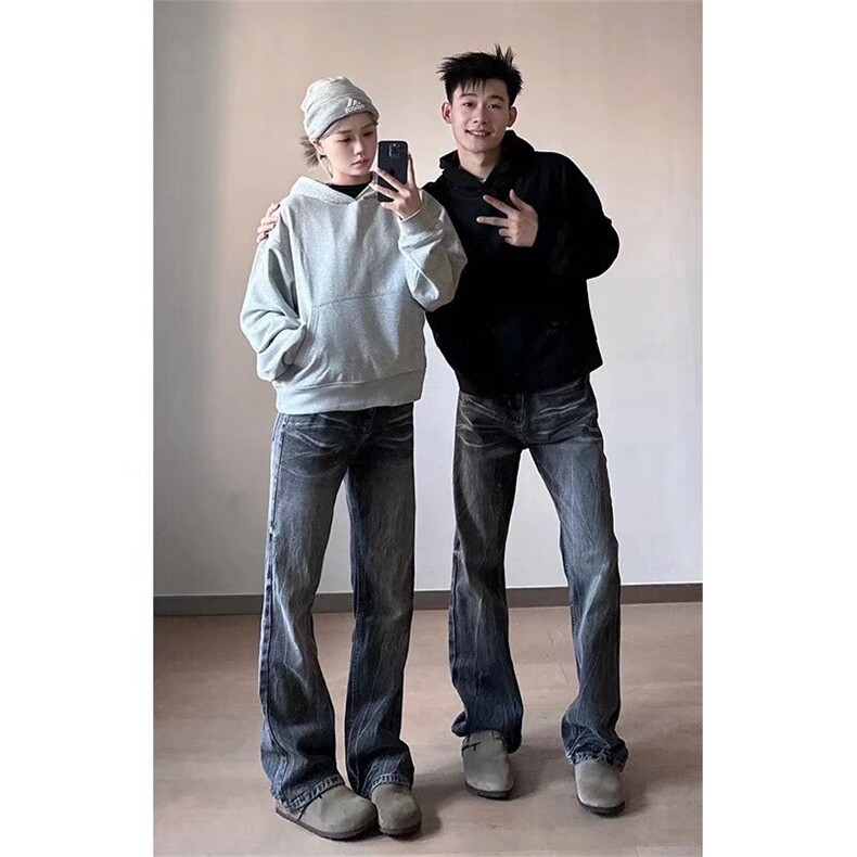 美式复古闪电裂纹牛仔裤宽松直筒裤拖地阔腿长裤潮K7083-P45网图，女装牛仔裤，电商B245