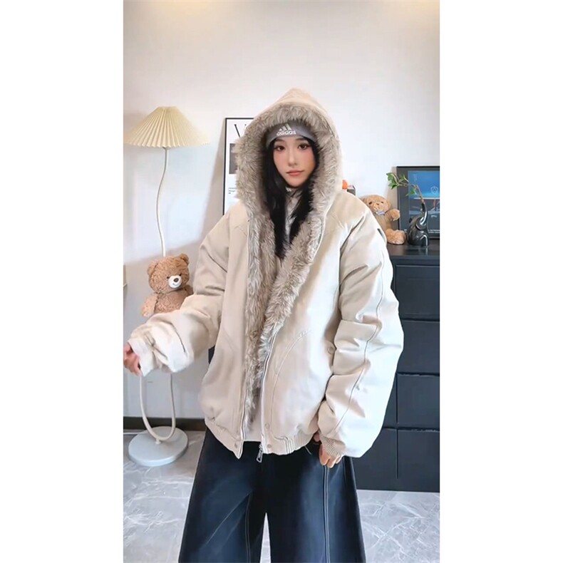 现货高品质美式高街冬季重磅硬挺短款座山雕毛领棉衣男女加厚外套图片