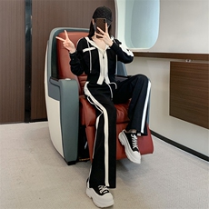 拼接撞色女秋修身开衫连帽外套阔腿裤套装，女装套装/套裙，江南