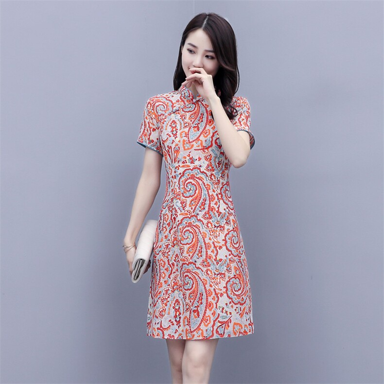 2022年夏季花色通勤短袖中长款印花淑女连衣裙,女装连衣裙,岚衣(原川流布茜）