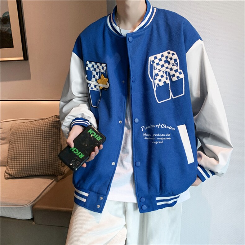 男长袖潮流宽松棒球领简约克莱因蓝夹克春季新款棒球服J3118P70图片