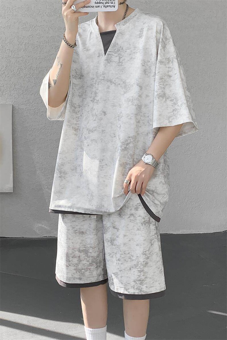 特批P55无差价25夏季冰丝顺滑扎染假两件休闲大码两件套男TZ5362,男装T恤,电商A001-1