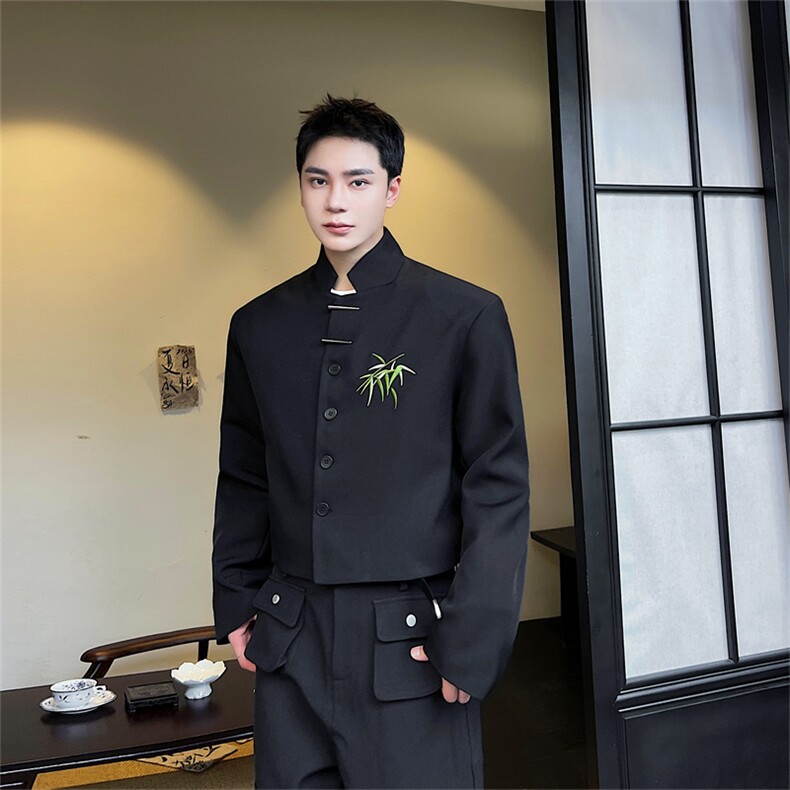 新中式翠竹绣花西装外套男设计感金属扣上衣男P135,男装西服,星座1009（原B233）