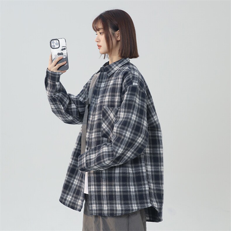 复古撞色磨毛格子长袖衬衫男春秋潮牌宽松休闲衬衣外套CS850-P25,男装衬衫,星座1403A