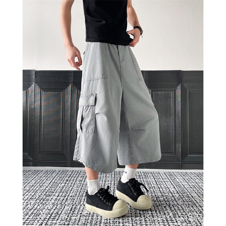 潮牌复古褶皱多口袋工装短裤男女美式夏季宽松百搭七分裤D084-P55,男装牛仔裤,星座308B-1