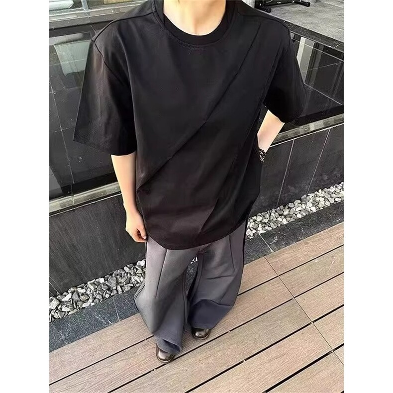 T1102-P30美式潮牌拼接解构短袖T恤男夏落肩半截袖,男装T恤,电商B323A
