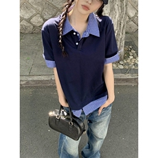 得物抖音高品质二开夏季美式潮牌高街假两件格子衬衣翻领短袖T恤，男装T恤，电商A486