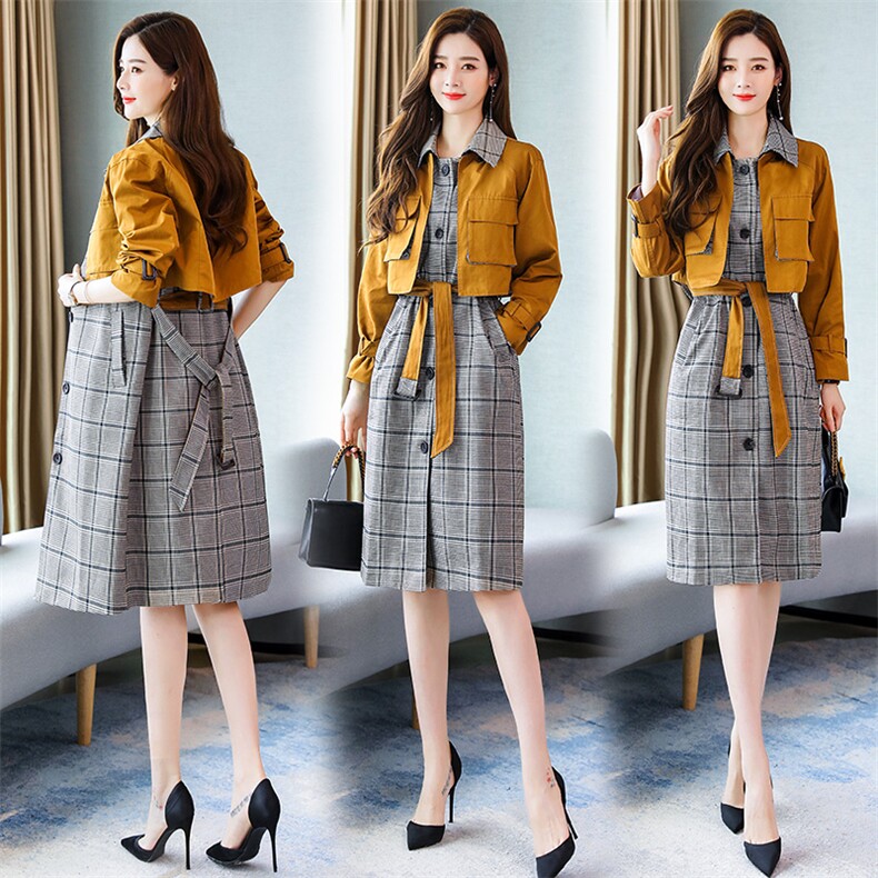 时尚格子针织连衣裙套装秋冬显瘦气质女装，女装连衣裙，依如秀(原杭风阁)