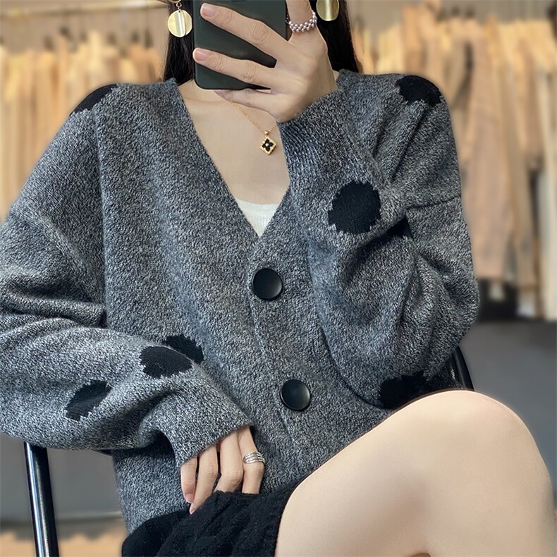 100%羊毛开衫女V领加厚拼色波点针织外套宽松休闲羊绒衫外搭上衣,女装羊毛衫,科源羊绒