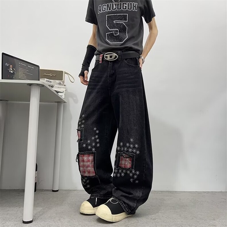 美式复古磨破补丁刺绣牛仔裤男女同款潮流街头百搭宽松直筒阔腿裤,男装牛仔裤,星座506A