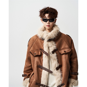 有长图羊羔毛冬季皮毛一体立领棉衣服男潮宽松外套MF00829/P150图片