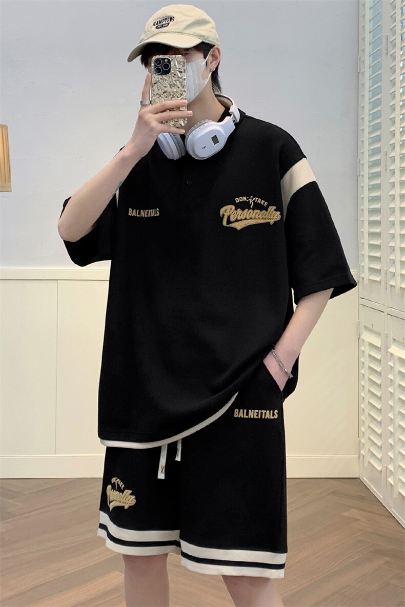 夏季港风短袖POLO衫短裤两件套男潮情侣半袖T恤运动套装6621-P65,男装Polo衫,电商A441-1