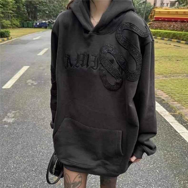 W10309-P70网图现货美式高街暗黑曼巴蛇刺绣亮片高克重套头卫衣,男装卫衣,星座1608