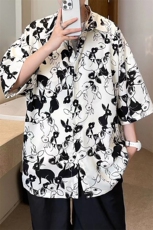 2026夏季宽松兔子印花男女情侣短袖休闲衬衫A071-C61-P38，男装T恤，电商A071