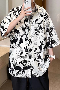 2026夏季宽松兔子印花男女情侣短袖休闲衬衫 A071-C61-P38图片