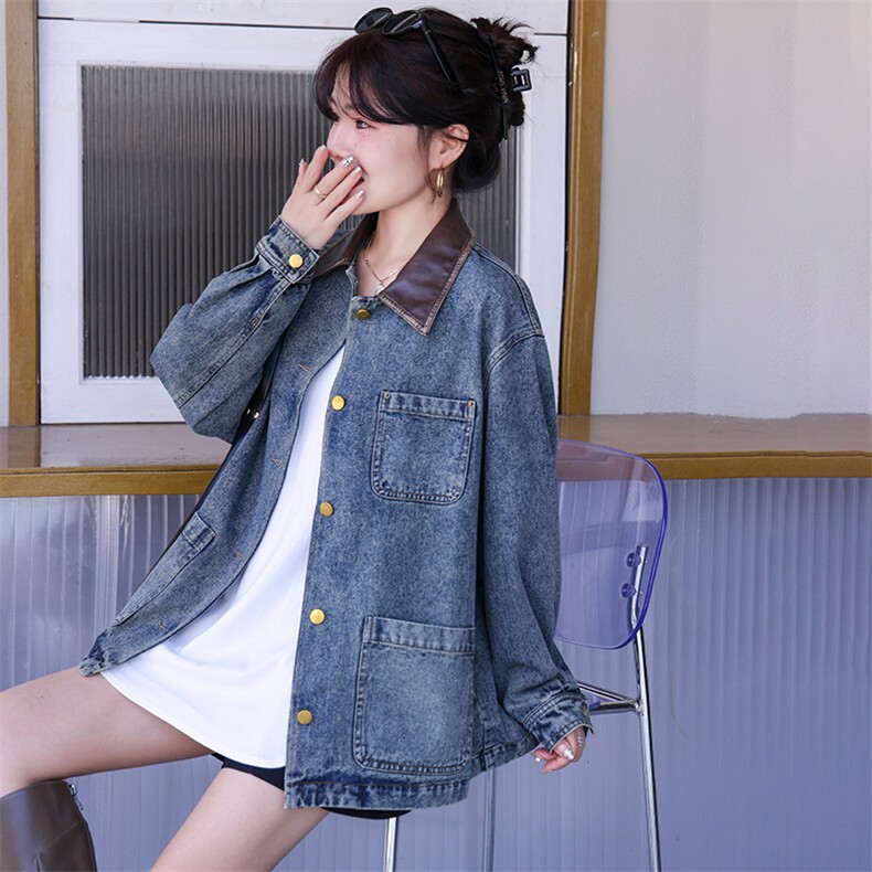 现货牛仔外套女宽松韩版上衣秋冬季新款撞色拼接水洗牛仔衣夹克潮,女装牛仔外套,跑量工厂店