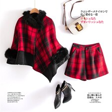 2024秋冬新款毛呢斗篷短裤红色格纹显瘦小洋装两件套袖毛可拆卸，女装套装/套裙，雅静靓衣