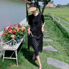 新款现货主推波点拼接假二件连衣裙9830-P115-K168，女装连衣裙，2C129