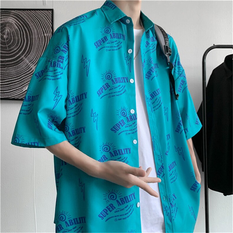 新款满印衬衫男士短袖港风慵懒衬衣宽松小众衬衫外套W822-P32,男装衬衫,星座512-3
