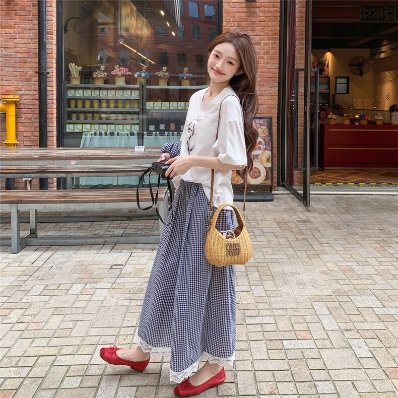 慵懒风印花T恤格子阔腿裙裤套装女2025夏季新款休闲小个子两件套,女装套装/套裙,千寻