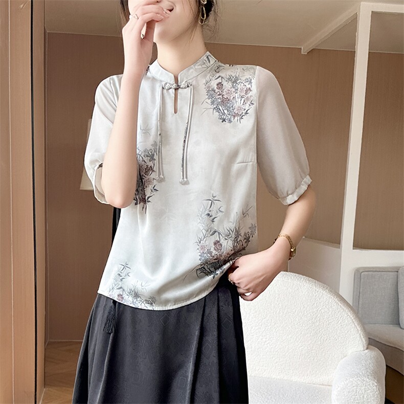 新中式国风立领盘扣醋酸缎面短袖T恤女2025新款显瘦复古衬衫背心,女装衬衫,温伦斯特羊绒