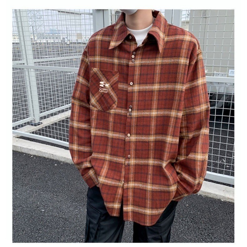 6001-P452025新款春秋季格子外套衬衫男长袖日系复古潮牌痞帅,男装衬衫,电商B323A