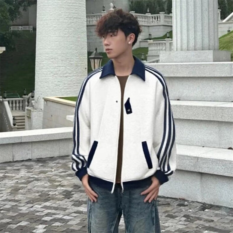 抖音得物品质秋冬美式高街重磅结构拼接织带翻领卫衣夹克外套W113,男装夹克,电商A486