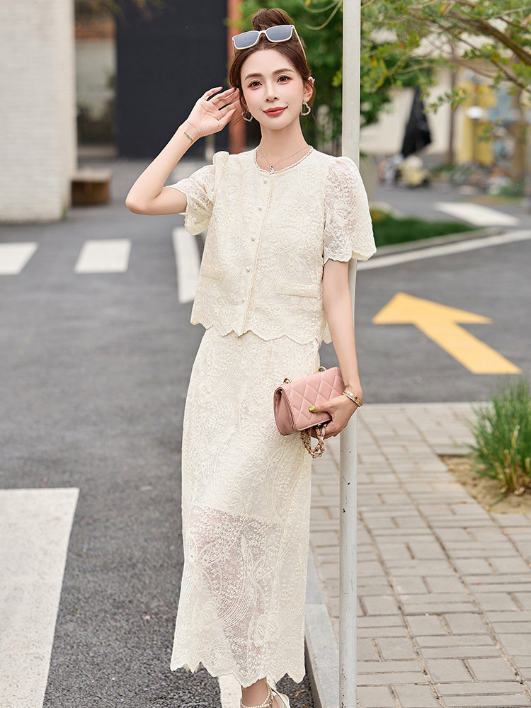小香风米白色蕾丝套装连衣裙女2026夏季新款气质短袖半身裙两件套,女装套装/套裙,沁沁公主